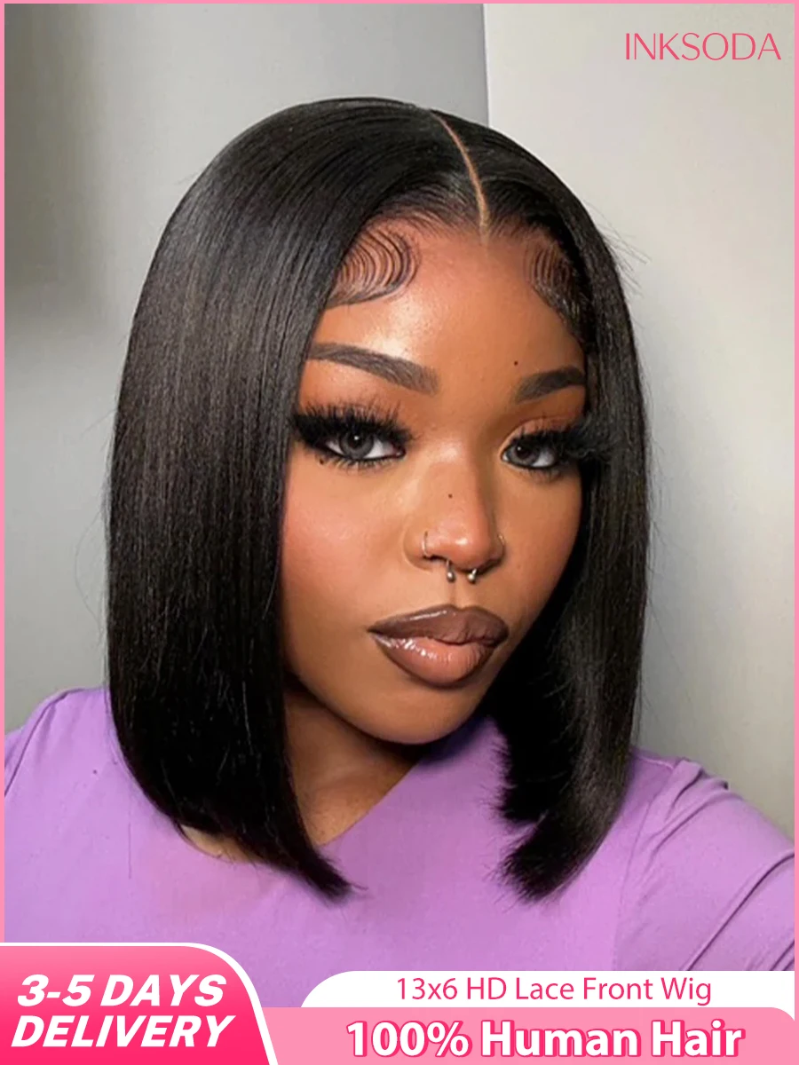 

Парик-каре 13x6 с кружевной передней частью, прямой, без клея, из натуральных бразильских волос, короткий парик-каре для женщин, парик с кружевной передней частью 13x4 HD, черный цвет