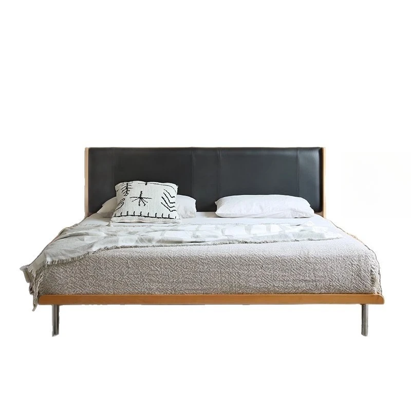 Modern simplicity, log frame soft bag bed, minimalist black technology leather, household high-foot solid wood double bed