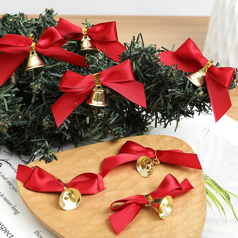 10pcs Christmas Decorations Bow Red Bowknot Bells Xmas Tree Pendant Ornaments Christmas Navidad New Year Party DIY Gift Wrapping