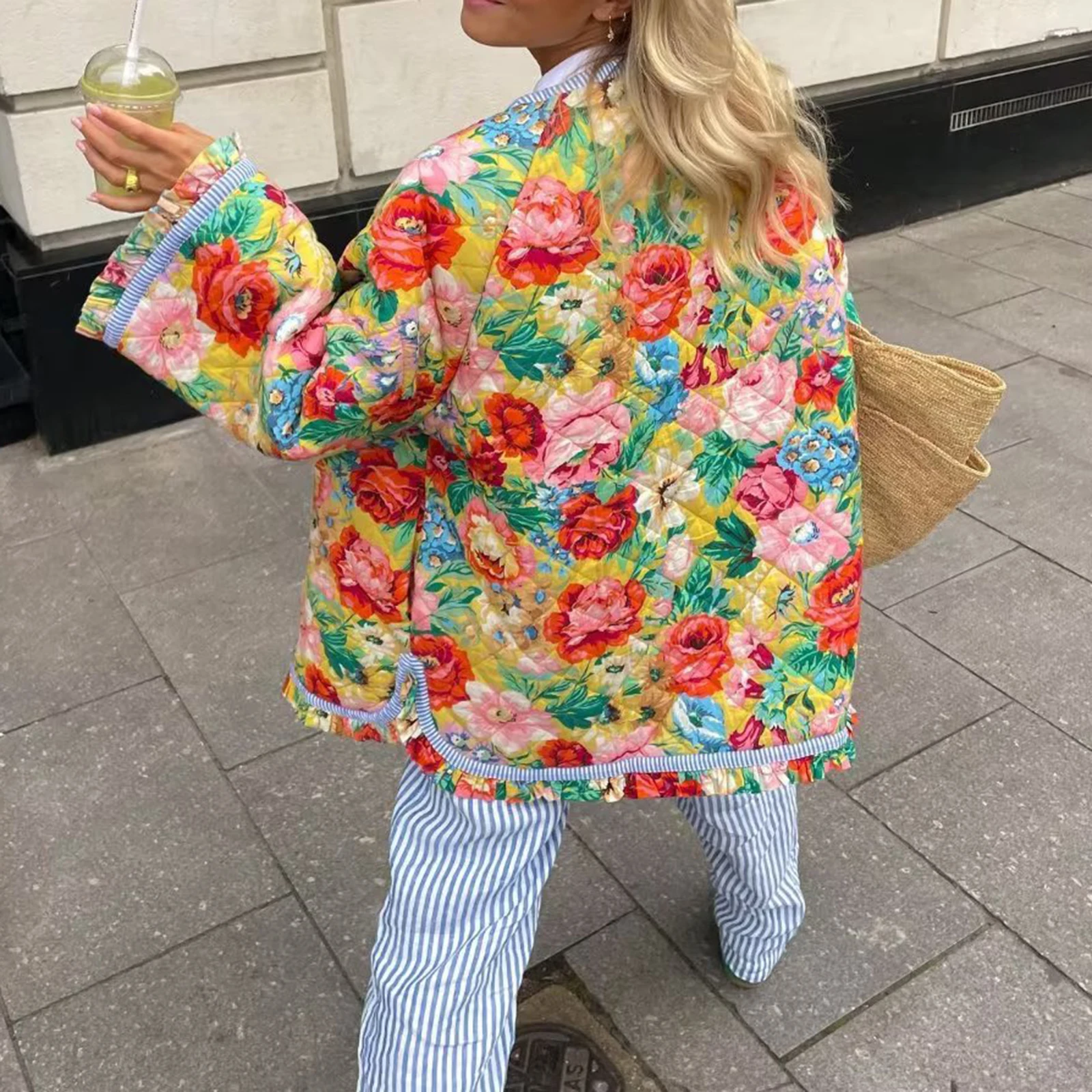 Chaqueta acolchada corta para mujer, abrigo de manga larga con cuello levantado, Floral, ligero, Vintage