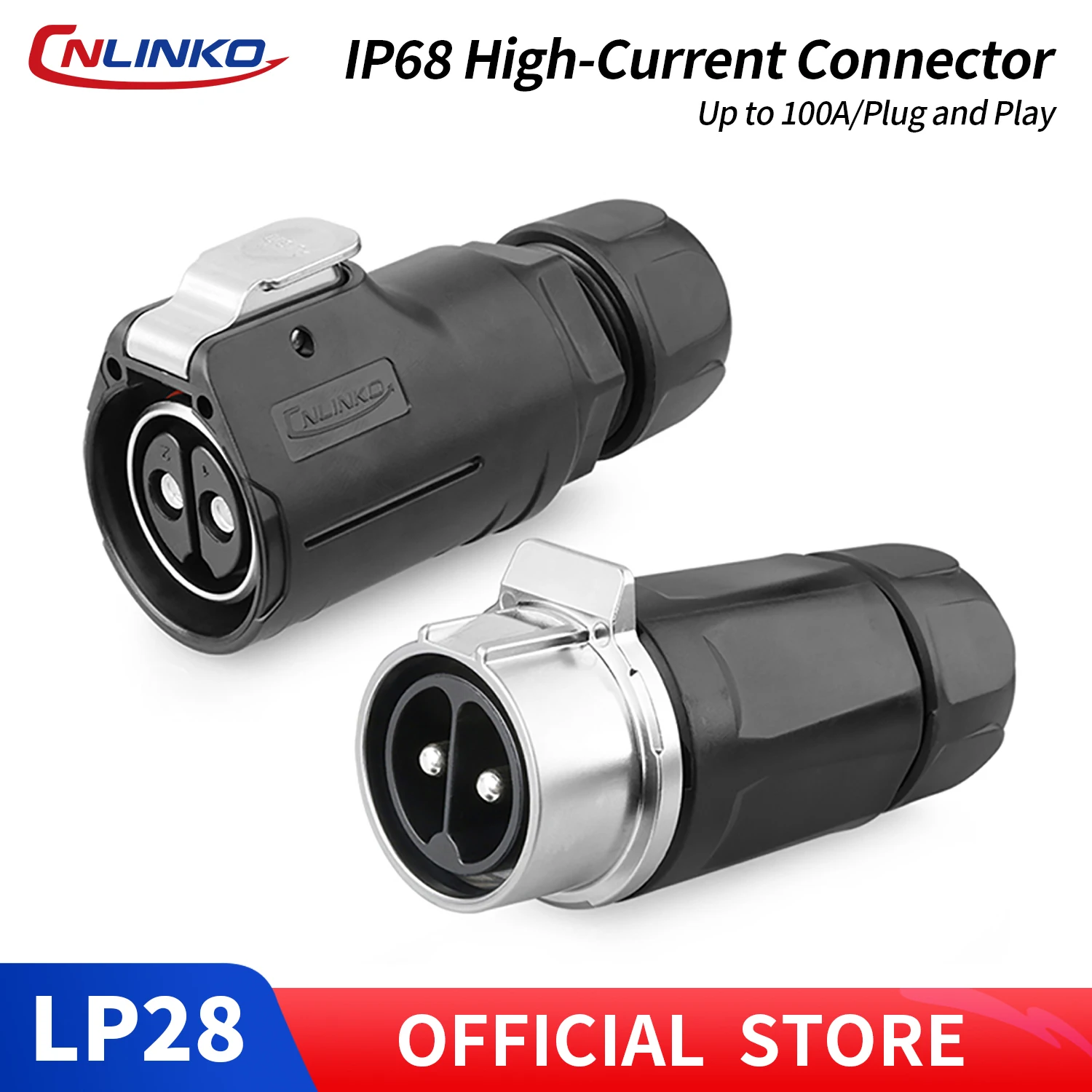 CNLINKO M28 Industrial 2 Pin Power Connector Kit LP28 Female Plug and Male Socket Waterproof IP68 50A 500V Screw Termination