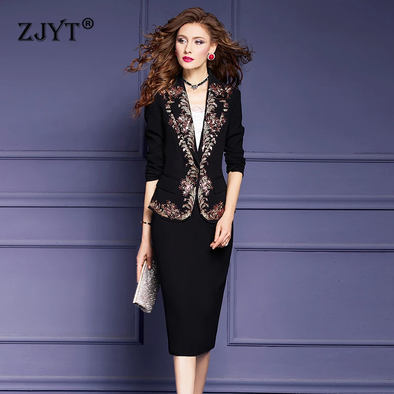 ZJYT Elegant Business Chic Embroidery Blazer Skirt Suit 2 Piece for Women Dress Sets 2025 Spring Office Party Outfit Plus Size