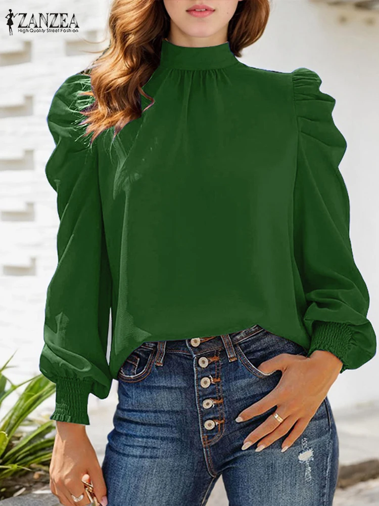 Fashion Office Lady Tops Casual Spring Party Blusas ZANZEA Autumn Elegant Shirt Women's Stand Collor Long Puff Sleeve Blouse