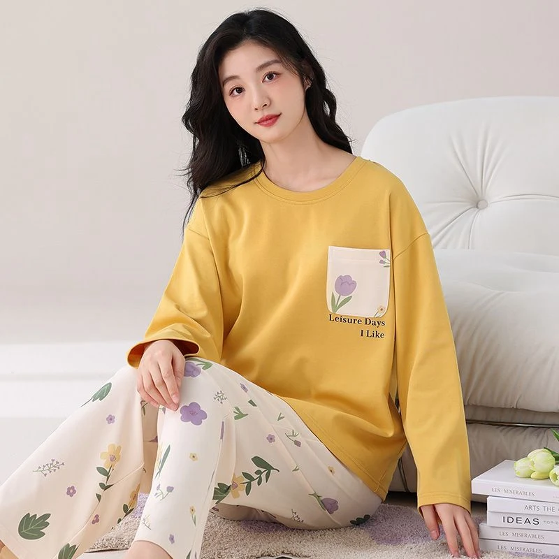 

2025 Spring Long Sleeve 100% Cotton Print Pajama Sets for Women Korean Cute Sleepwear Pyjamas Homewear Pijama Mujer Home Clothes