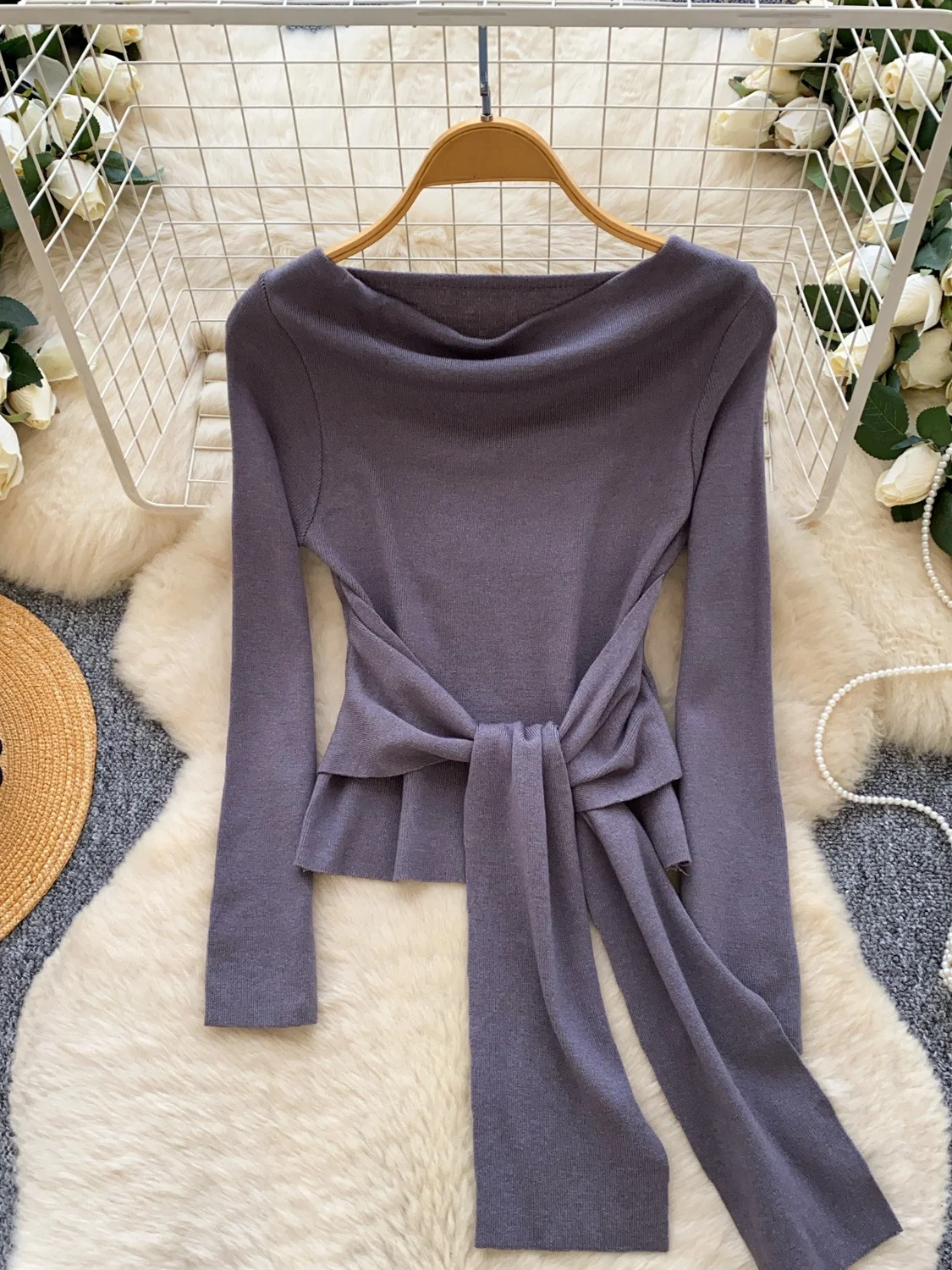 Ele T-shirt lunga slim fit dal design coreano da donna Autunno con cintura in vita che dimagrisce Top versatile