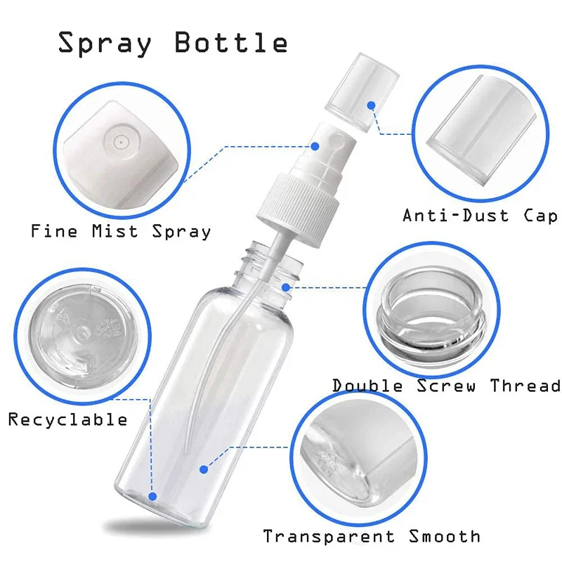 Botellas de plástico PET transparente con pulverizador, envases rellenables de viaje de niebla fina para Cosméticos líquidos y agua, 100 piezas, 10/20/30/50/100ml