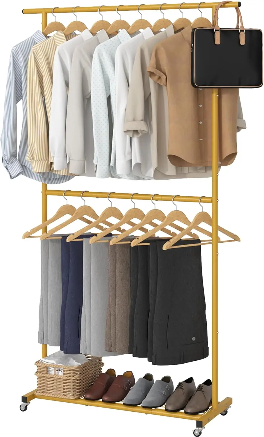 Double Rod Clothing Garment Rack, Rolling Coat Hanger with Bottom Mesh, Clothing Rack for Hanging Clothes, Coats, Skirts