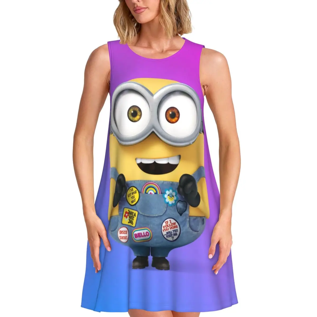 Custom Cartoon Movie S-Minions Women's Sleeveless Dress 3D Print Big Eyes For Vacations Travels Sleeveless Beach Dresses Dress