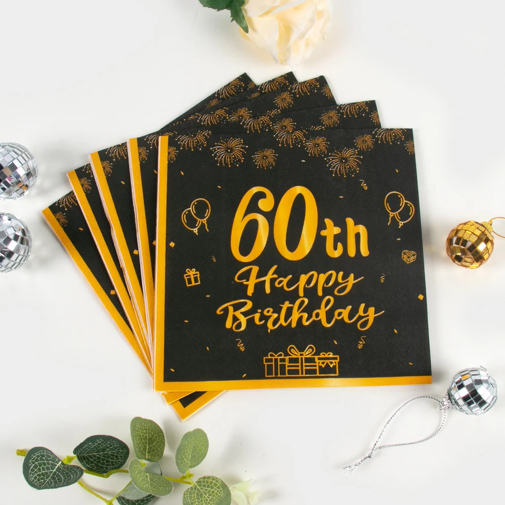 20pc Happy Birthday Disposable Napkins 30 40 50 60th Retro Black Gold Theme Adult Anniversary Birthday Party Decoration Supplies