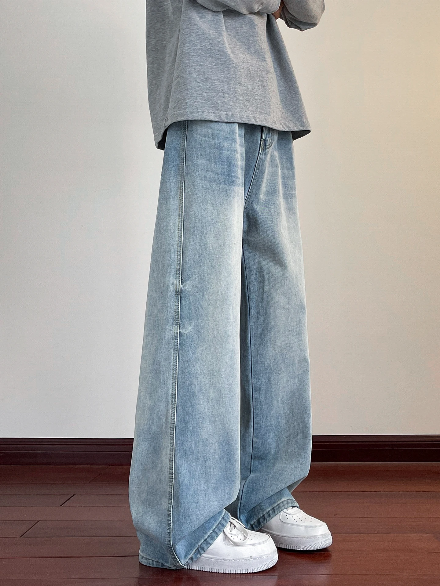 

American Style Light Blue Straight Leg Men's Jeans High Street Loose Vintage Cleanfit Pants Youth Trendy Spring Autumn Jeans