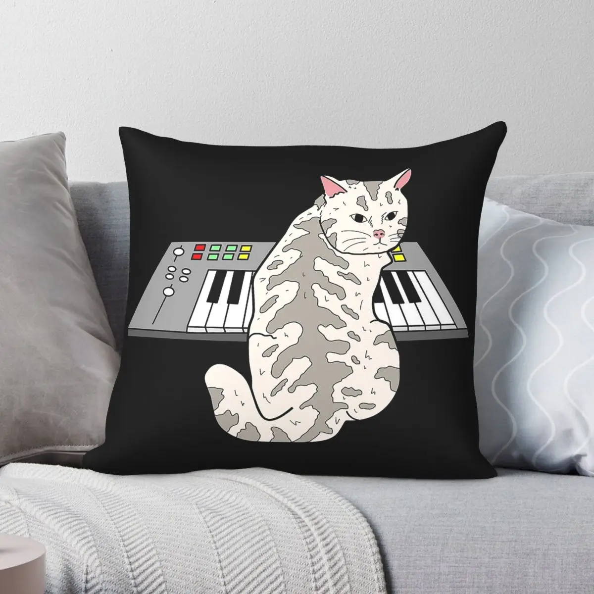 Cat Playing Synthesizer Square Pillowcase Polyester Linen Velvet Printed Zip Decorative Car Cushion Cover