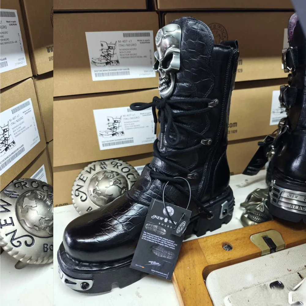 Fashion Genuine Leather Men's Motorcycle Boots Mid-calf New Skull Devil Goth Punk Metallic Buckle Strap Western Combat Boots