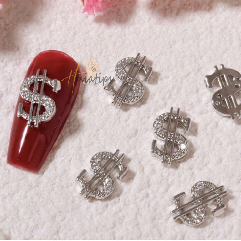 10Pcs Dollar Sign Geld Nagels Charms Zirkoon/Diamond Hanger Sieraden Dollar Ontwerp Goud Zilver Luxe Nail Decoratie