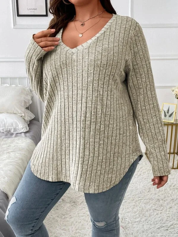 plus size autumn and winter new solid color large size women\'s top V neck long sleeve pit strip polished T-shirt loose pullover