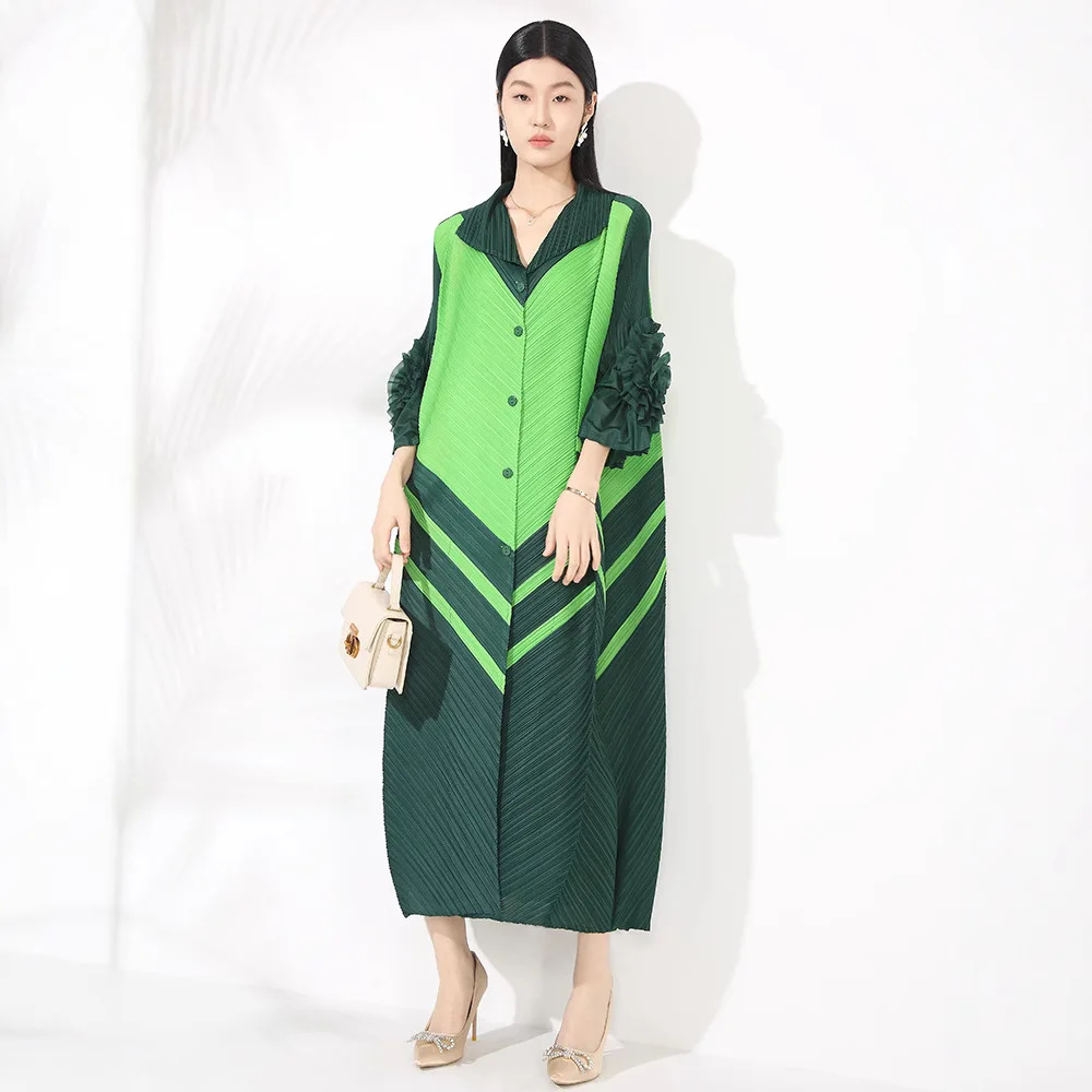 Sukienka 2026 Mały Kołnierzyk Kwiatowy Guzikowy Rozmiar S Siedem ósmych Rękaw Plisowany Kardigan Długa Sukienka Letnia Odzież Bliski Wschód