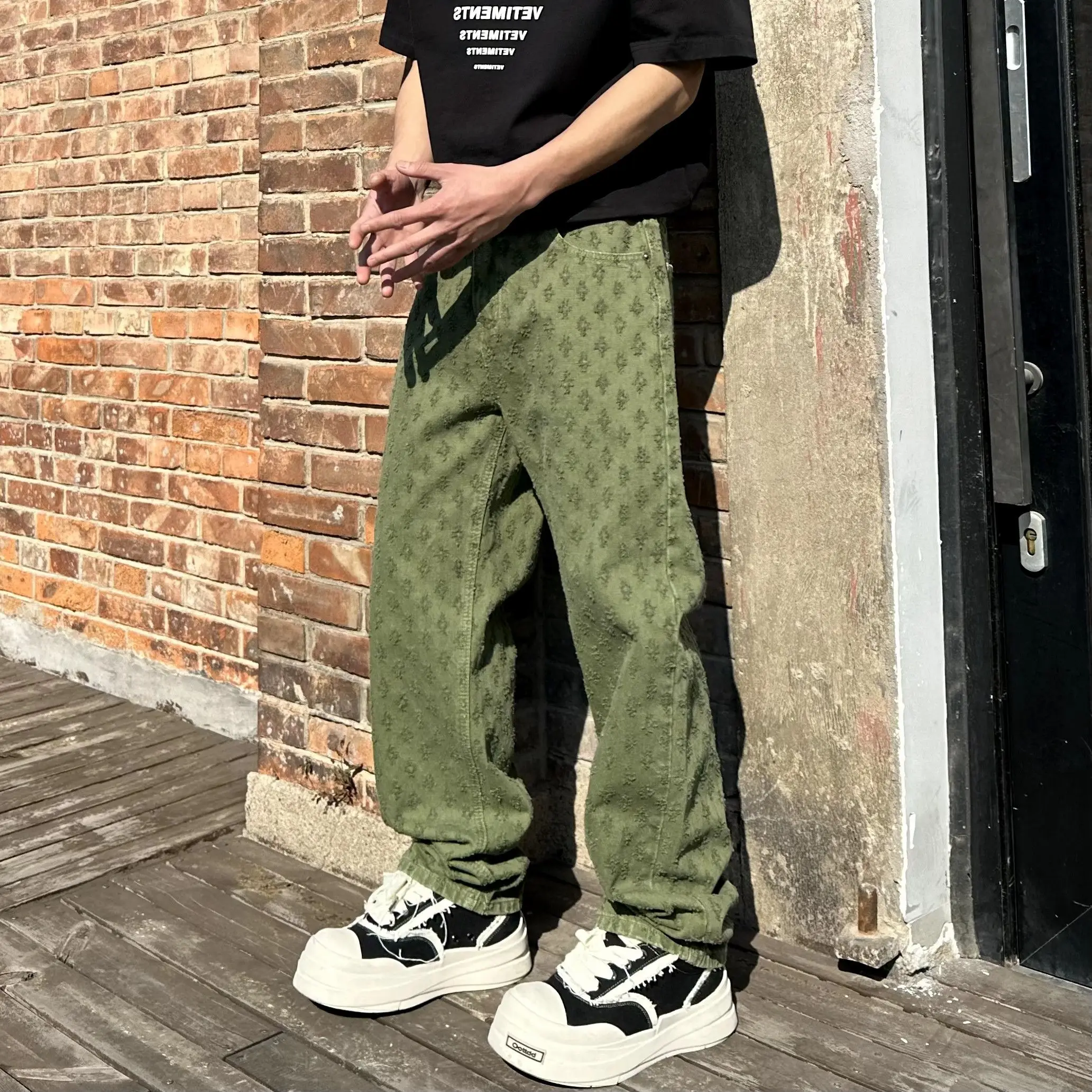 الرجعية السراويل الطويلة شارع العليا Ins العصرية الملونة الجاكار تصميم الجينز الرجال فضفاض واسعة الساق الهيب هوب الجينز #2