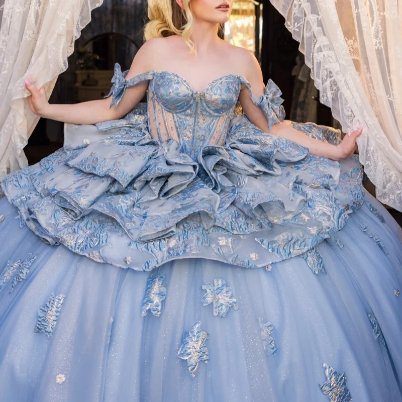 

Синие платья для квинсеаньеры с открытыми плечами, блестящие, с 3D цветами, кристаллами, многослойной аппликацией, длинным шлейфом, Vestido 15 Quinceanera, на заказ