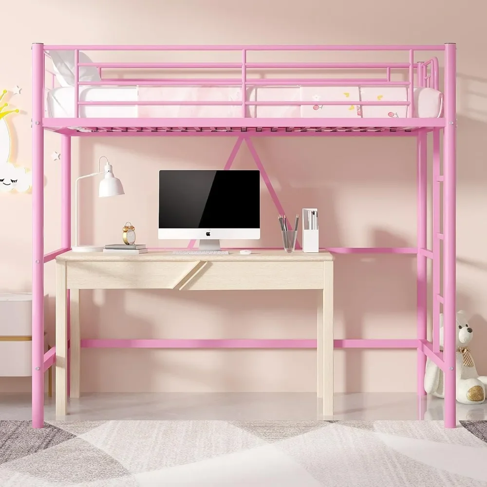 Metal Loft Bed Twin Size, Heavy Duty Bedframe with Removable Ladder and Safety Guardrail, Space-Saving, Noise Free, No Box