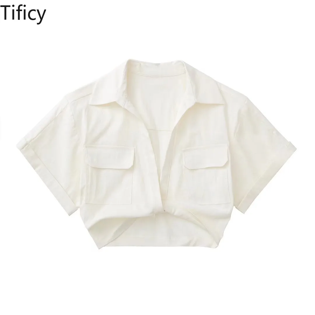 TIFICY Summer Women's New Elastic Linen Blended Multi-color Short Streetwear Casual Fashion Shirt Crop Tops Blusas Mujer