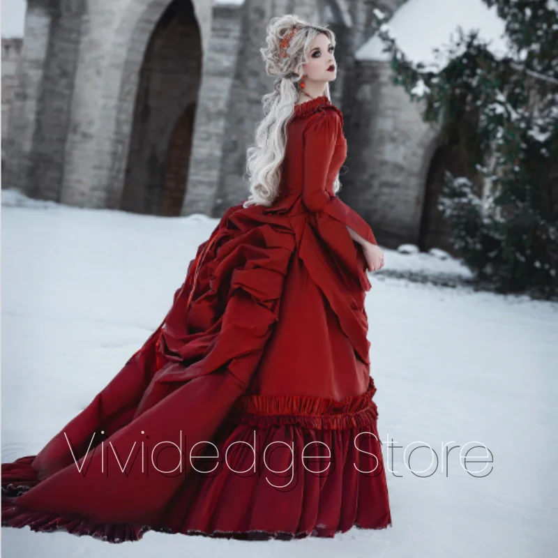 Исторические бордовые викторианские платья для выпускного вечера с длинными рукавами и плиссировкой трапециевидной формы, вечерние платья принцессы по индивидуальному заказу Исторические бордовые викторианские платья для выпускного вечера с длинными рукавами и плиссировкой трапециевидной формы, вечерние платья принцессы по индивидуальному заказу