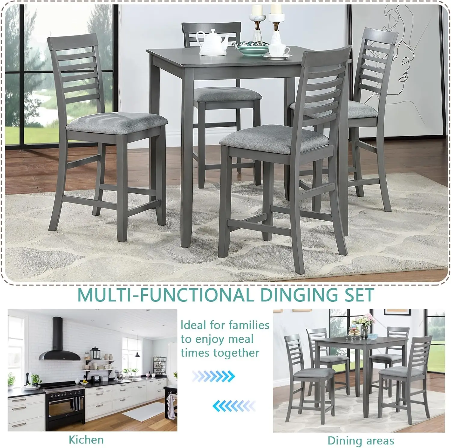 5 Piece Dining Table Set for 4, Farmhouse Counter Height Kitchen Table Set with 4 Upholstered Chairs for Kitchen, Dining Room