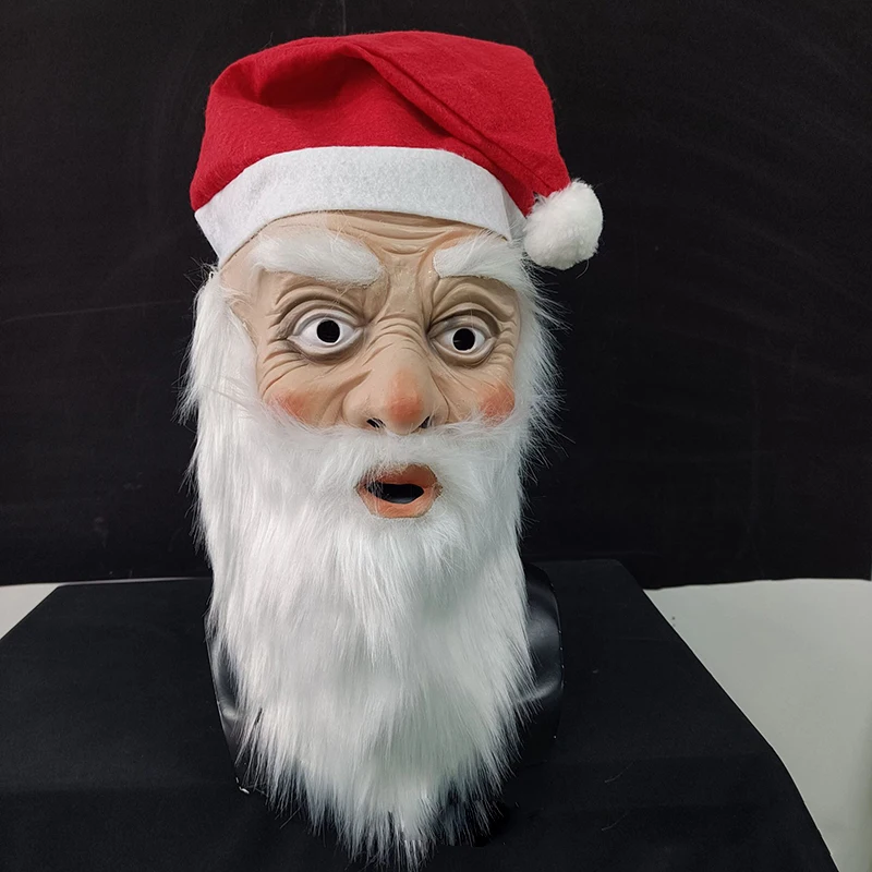 Santa Claus Latex Facewear, Realistic Full Face Covering with White Beard Red Cap Props for Christmas Party Supplies