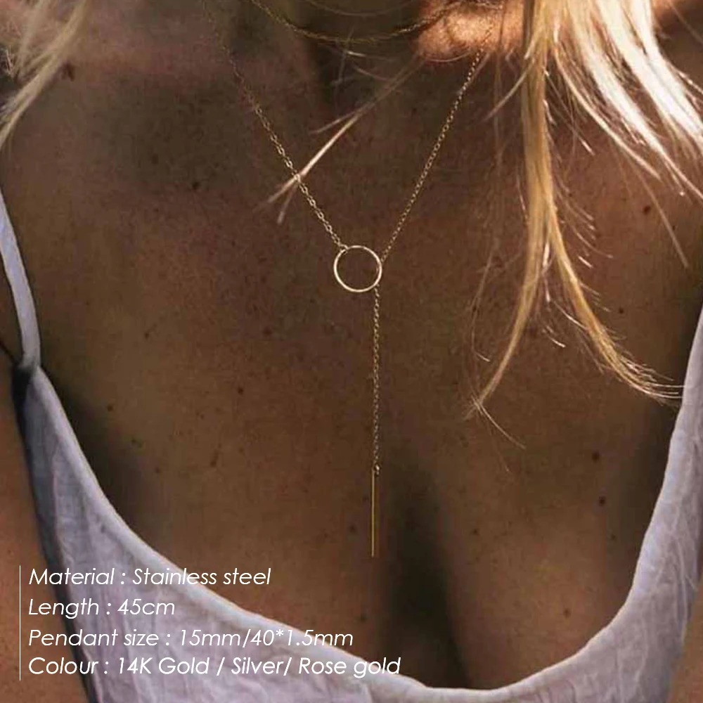 EMANCO Dainty Minimalist Y Lariat Necklace Stainless Steel Color Circle Bar Pendant Women’s Daily Wear Jewelry Gift