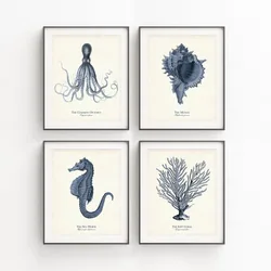 Sea Life Illustrations Navy Nautical Octopus Seahorse Marine Life Art Poster Canvas Painting Wall Prints Picture Room Home Decor