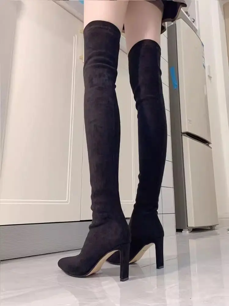 

2025 Autumn Winter New Women's Over the Knee Suede Boots Pointed Toe Stretch Slim Fit Chunky Heel Black Sexy High Heel Shoes