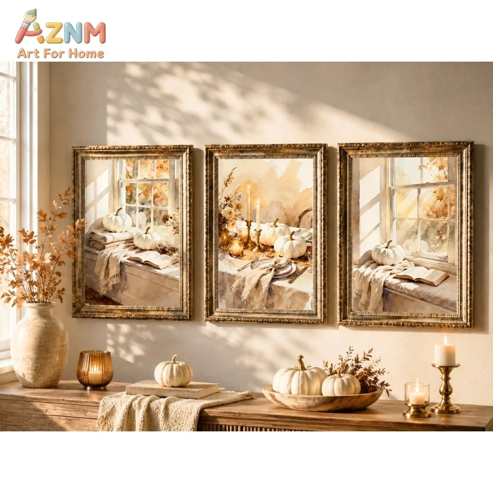 AZNM 3Pcs White Pumpkin Fall Canvas Wall Art, Watercolor Window Candle Autumn Scene Print Frameless Canvas Painting, Neutral