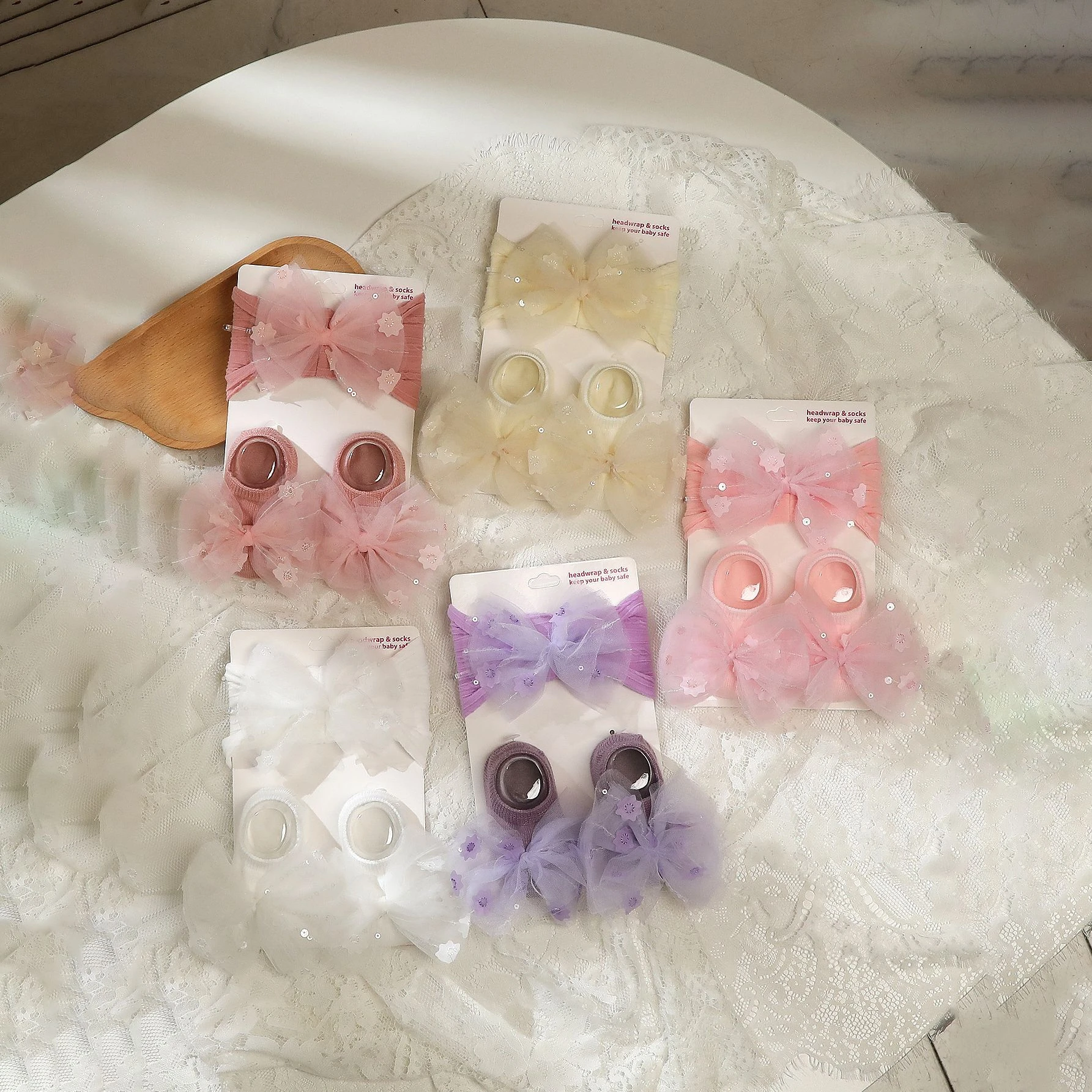 New 1Set Mesh Bow Headbands Mid Socks For Newborn Baby Solid Prewalker Non-slip Floor Sock Girl Infant Princess Hairband Socks