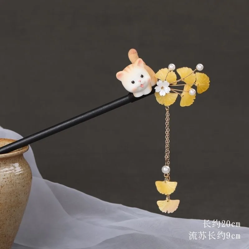 

Деревянная заколка для волос в традиционном китайском стиле с милым котом, кленовый лист гинкго и кисточкой, элегантный аксессуар для женских стильных причесок