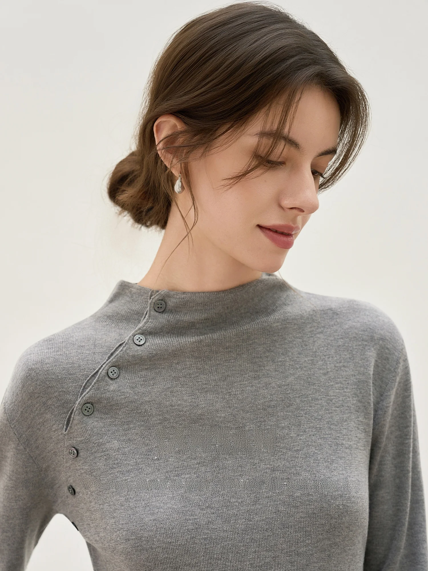 

Jansan Women's Knitted Wool Blend Base Layer Sweater f High Collar Asymmetrical Hem Single Button Design Autumn Winter Warmth