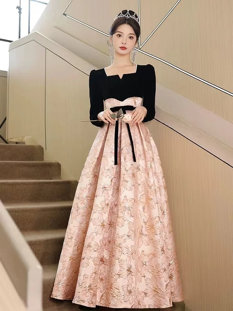 

Вечернее платье Ele Bla для женщин, с длинными рукавами, А-силуэт, корейская версия, для церемоний и торжеств, элегантное, премиум-класса