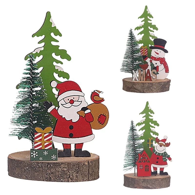 Wooden Christmas Tree Desktop Ornament Cartoon Snowman Holiday Decorations Elk Tabletop Decoration for Home New Years Noel Gift