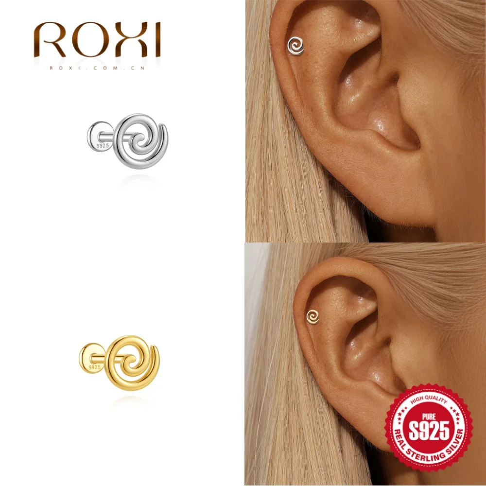 ROXI Boucles d'oreilles clous minimalistes en argent sterling 925, spirale lisse, piercing hélix et conque, bijoux hypoallergéniques pour femmes