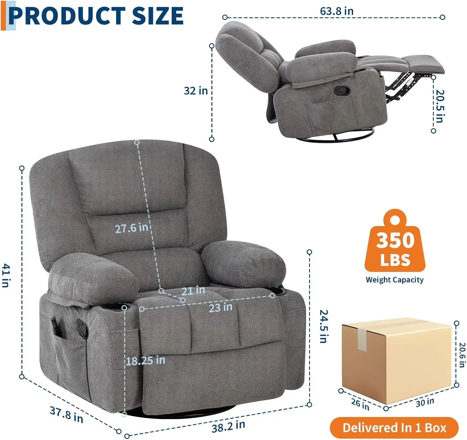 Vibration Heat Massage Rocking Recliner Chair 360 Swivel Chenille Rocker For Living Room Home Theater Seating Cup Holders Side P