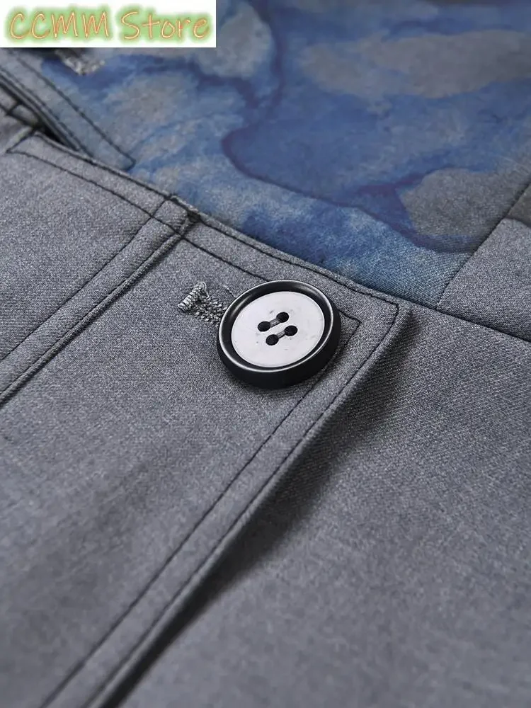 Women Gray Printed Irregular Pleated Blazer New Lapel Long Sleeve Loose Fit Jacket Fashion Tide Spring Autumn