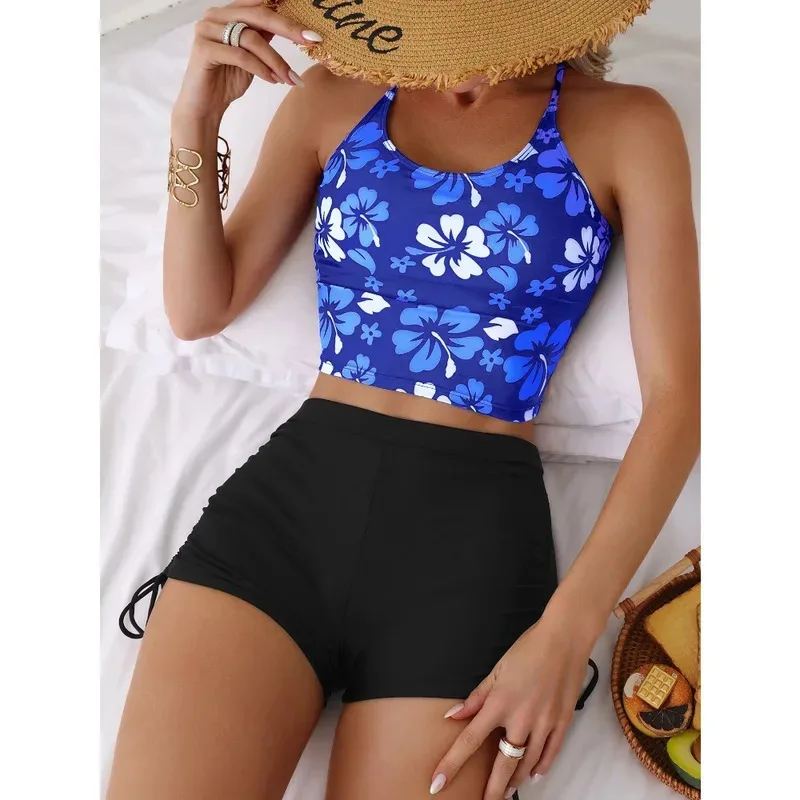 Zestaw tankini z nadrukiem kwiatowym 2026, strój kąpielowy dla dziewczynki, regulowane ramiączka, top typu vest, biustonosz, damskie szorty w kwiaty, bikini ze sznurkiem, damski zestaw plażowy
