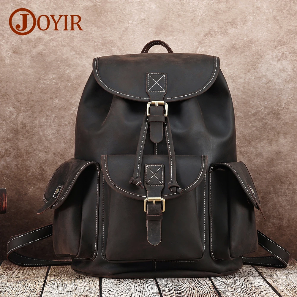 JOYIR Genuine Leather Drawstring Backpack Book Bag Men School Shoulder Bags Vintage Casual Travel Hiking Daypack Rucksack Male