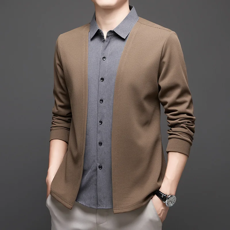 

Весенне-осенняя самая популярная мужская рубашка из двух частей с лацканами, тонкий кардиган, повседневный и универсальный деловой вязаный свитер