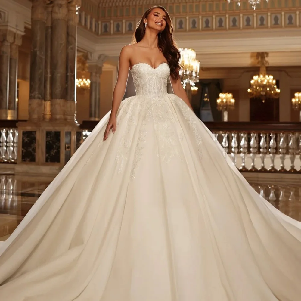 

Customized Simple Satin Sleeveless Wedding Dress Charming A-Line Sweetheart Robe de mariée Delicate Appliques Vestido De Novia