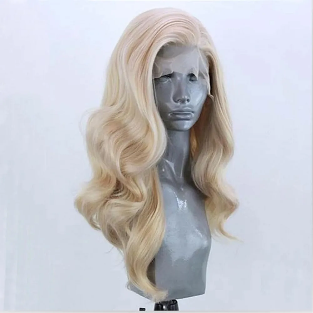 Champagneblond Body Wave Hd Synthetic Wig Free Part Blonde Long Curly Wavy Loose Deep Wave 13X4 Lace Front Party Cosplay Wigs