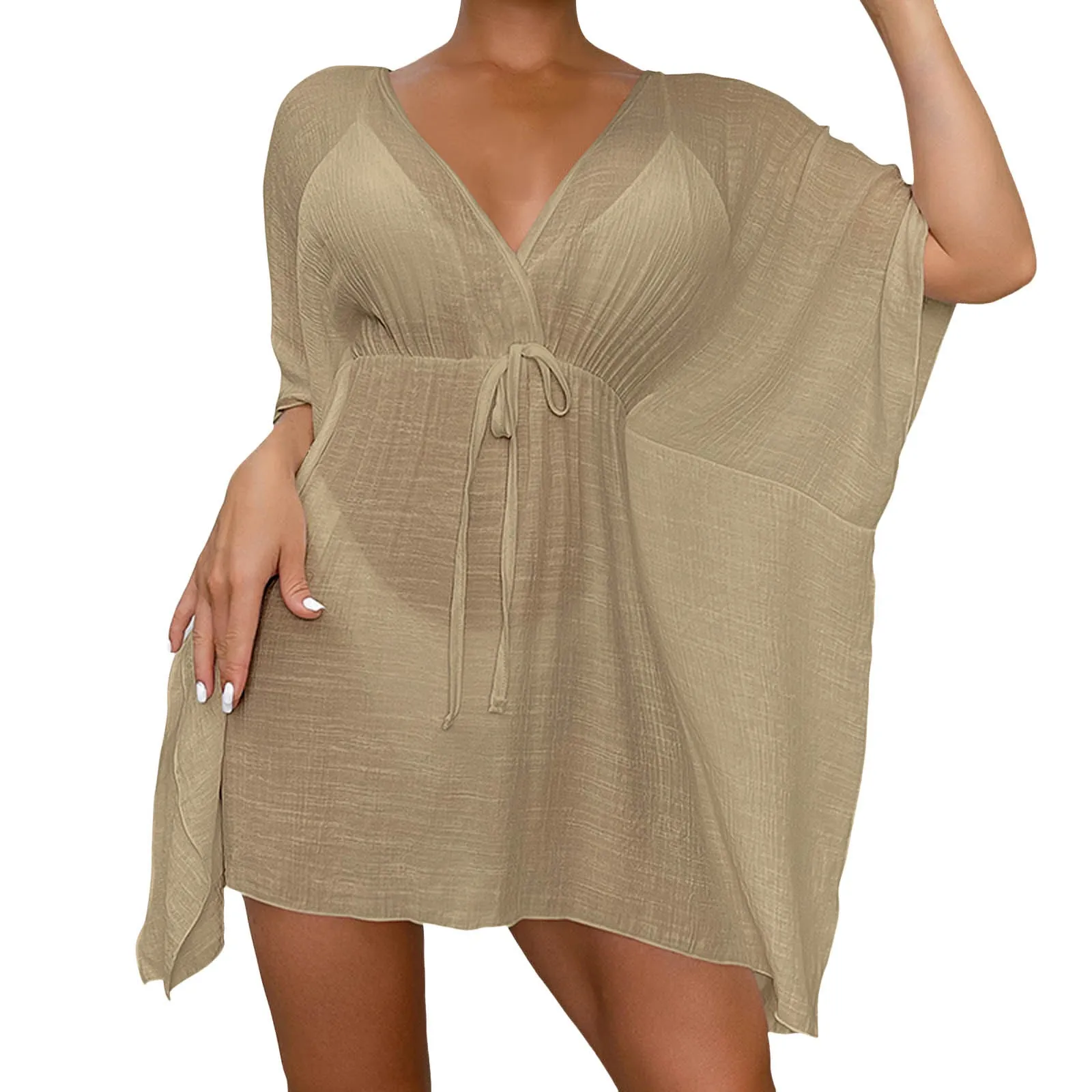 Sexy V-Neck Summer Beach Dress White Cotton Tunic Women Beachwear Bikini Cover-Ups Sarong Plage Bathing Suit Cover Up