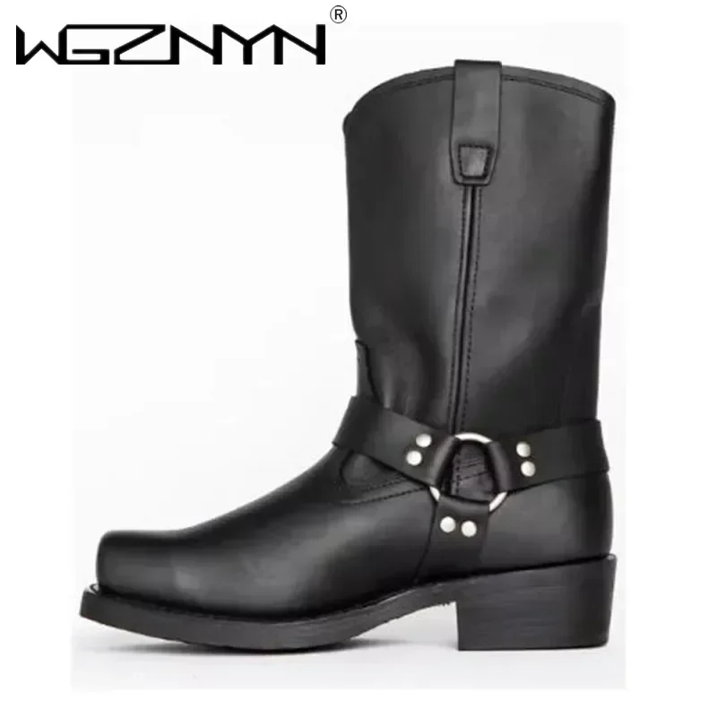 Luxury Retro Cowboy Boots Men Mid Calf Western Boot Men Pu Leather Man Slip On Shoes Winter Knight Boots Booties Plus Size 39-48