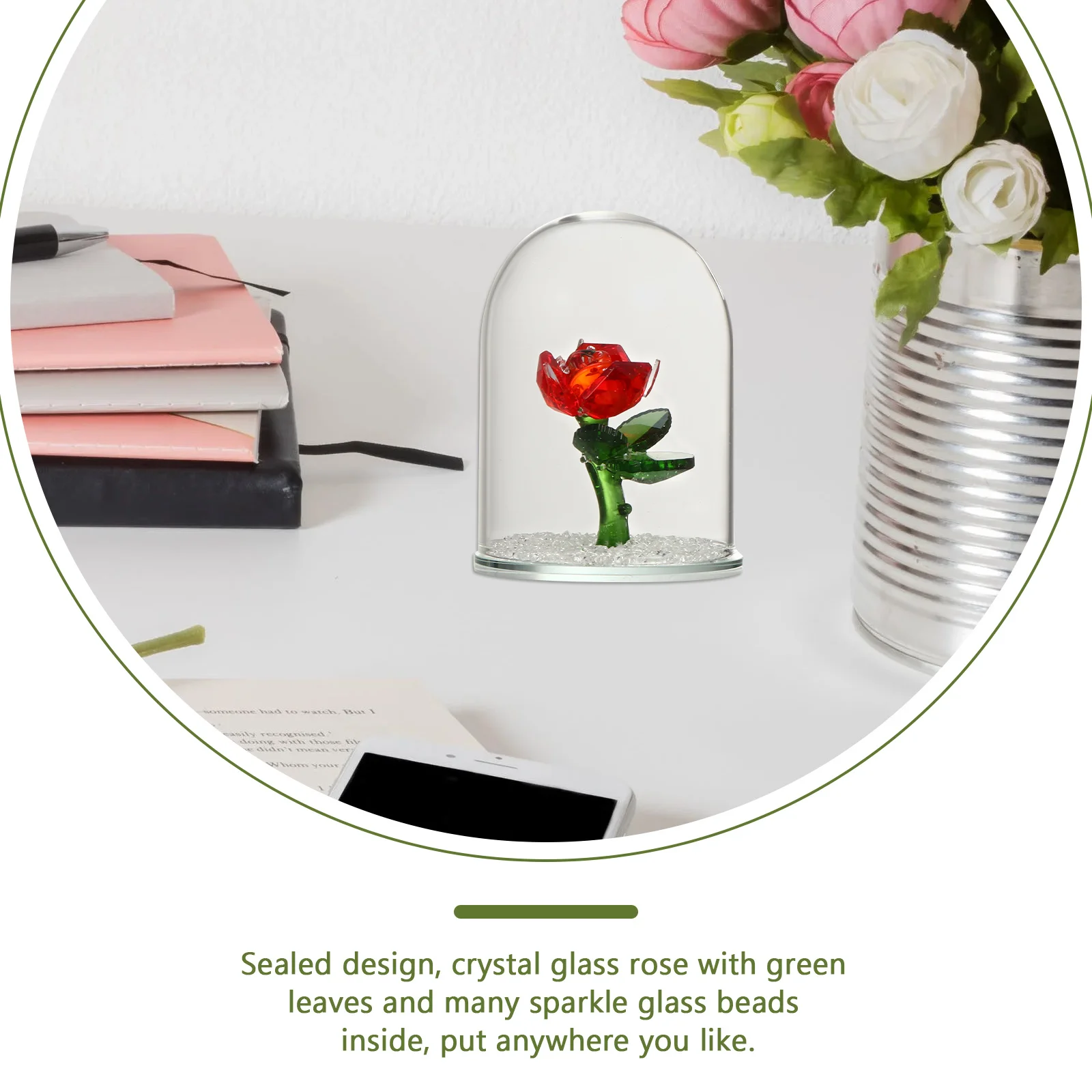 

Crystal Rose Flower with Green Leaf Spark Beads in Glass Dome Preserved Flower Bouquet Ornament for Christmas Valentines Day