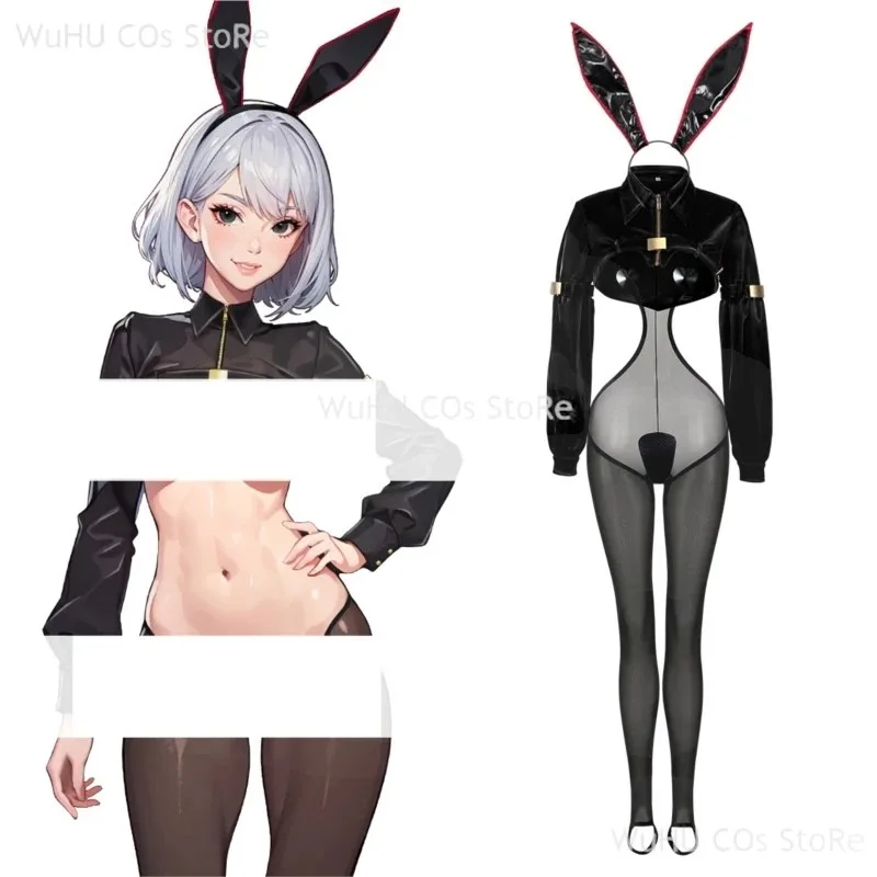 متوفر في المخزون التصميم الأصلي بو الجلود عكس الأرنب فتاة تأثيري حلي بذلة سوداء قماش شبكي ينغيرييس المرأة مثير تأثيري