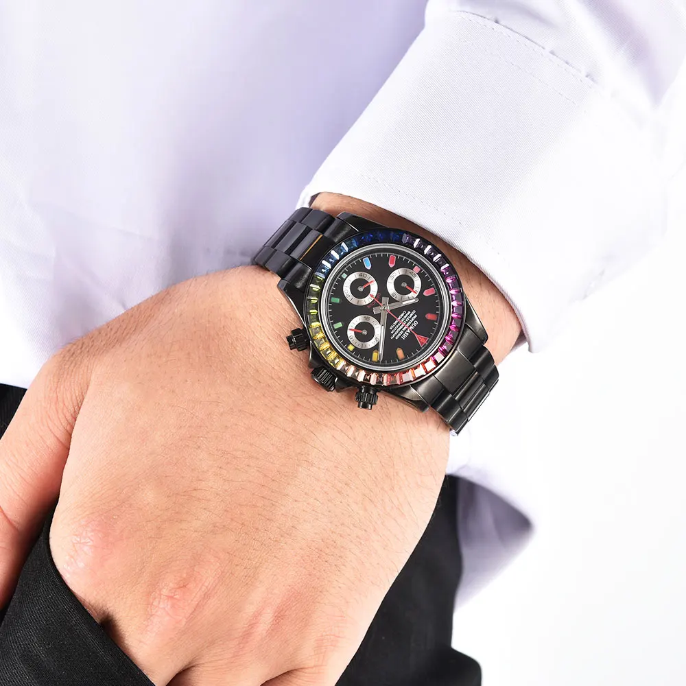 Luxurious 39mm Black Men's Watch Business Style with VK63 Movement Sapphire Crystal Colored Gemstone Bezel