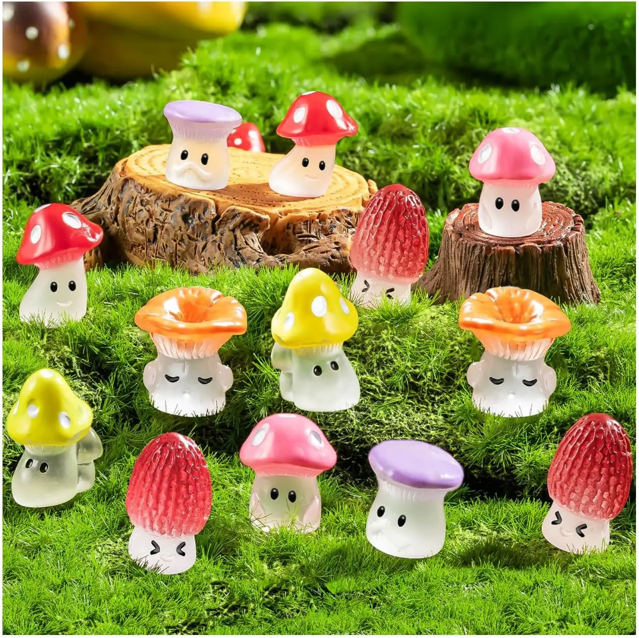 12Pcs Tiny Cute Artificial Resin Mushroom Miniatures, Small Fake Mushroom Statue Figurines, Fairy Garden Micro Landscape Terrari