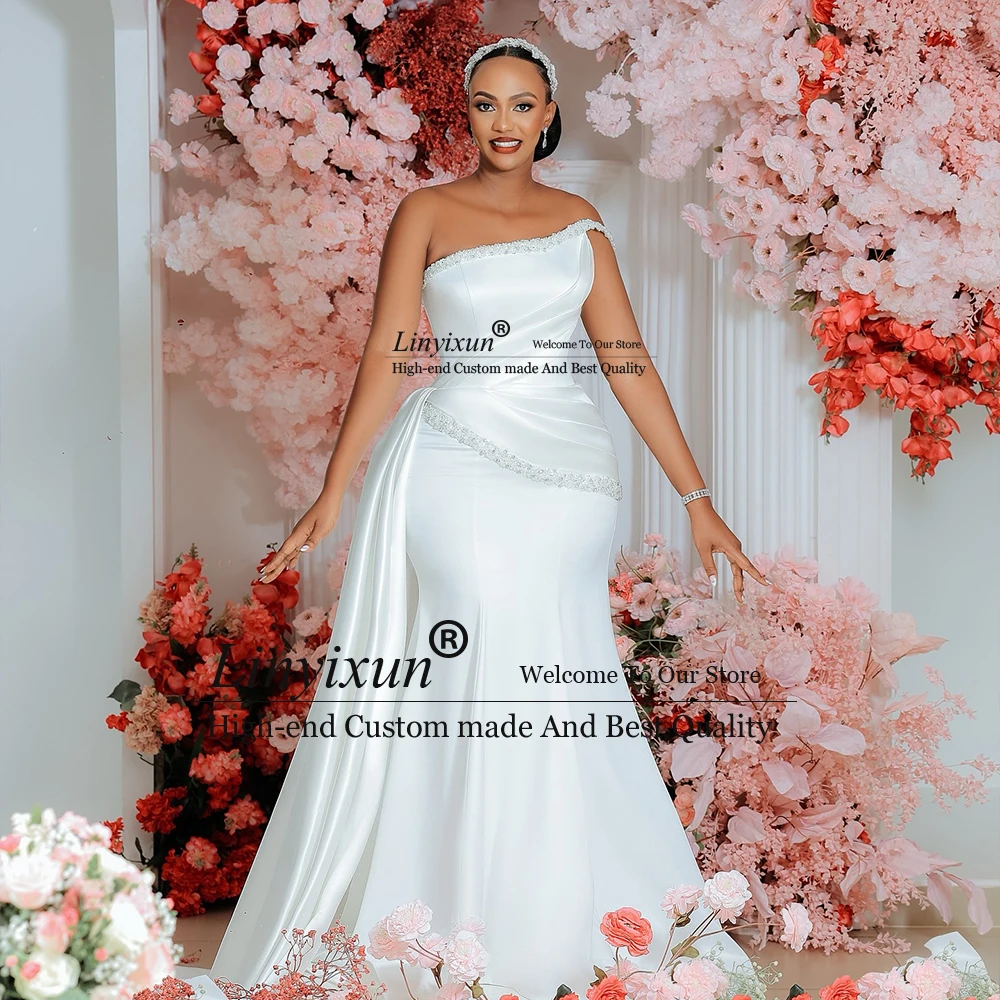 فساتين زفاف مثيرة مطرزة بالخرز 2025 بكتف واحد من الساتان حورية البحر زي العرائس مخصص بدون أكمام فيستدو دي نوفيا جونيكو